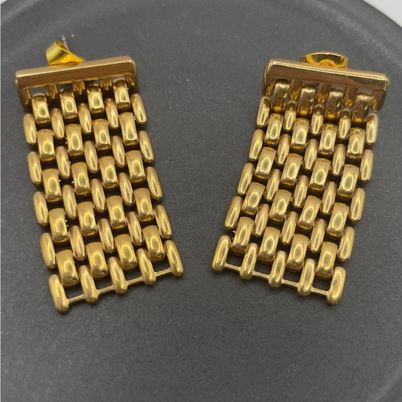 Vintage Gold Mesh Statement Earrings Retro 80s Style Drop Dangle - Picture 4 of 6
